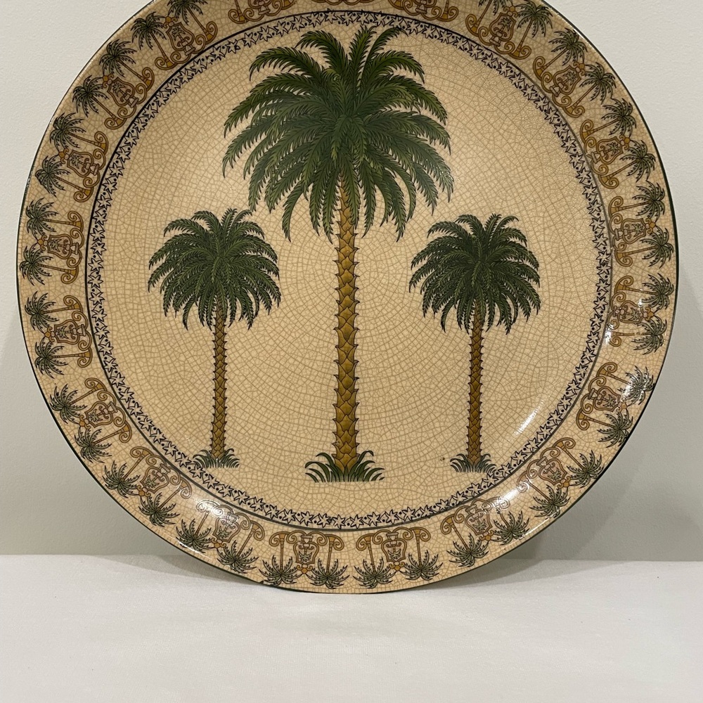Vintage Crackle Glaze Palm Tree Decorative Plate 13” Tan Green Tropical A68